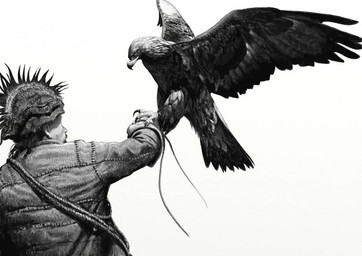 duo feral landing on_arm realistic realistic_feral simple_background white_background renum63 accipitrid accipitriform avian bird eagle golden_eagle human mammal true_eagle 2013 black_and_white detailed monochrome