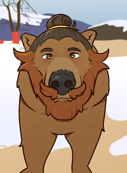 beard brown_eyes brown_hair facial_hair feral fluffy_ears hair long_hair looking_at_viewer male male_feral mustache orange_hair semi-anthro simple_background tied_hair antrimbull bear brown_bear mammal ursine hi_res meme
