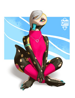 abstract_background anthro blue_eyes blue_tongue clothing female hair pink_clothing sitting tongue white_hair yellow_body yellow_skin josiedink lizard reptile scalie skink hi_res