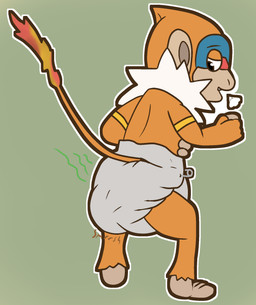 anthro cloth_diaper clothed clothing diaper diaper_only feces male pooping simple_background soiling tail topless unclean_diaper used_diaper using_diaper wearing_diaper vladigaunt nintendo pokemon generation_4_pokemon monferno pokemon_(species) digital_media_(artwork) hi_res
