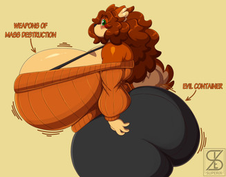 anthro bare_shoulders big_breasts big_butt black_bottomwear black_bra black_clothing black_nose black_pants black_underwear blush bottomwear bra breasts brown_body brown_fur brown_hair butt cleavage clothed clothing curvy_figure eyewear female fur glasses glistening glistening_body glistening_fur green_eyes hair huge_breasts huge_butt huge_thighs hyper hyper_breasts hyper_butt long_hair looking_at_viewer motion_lines orange_clothing orange_sweater orange_topwear pants raised_tail round_glasses side_view simple_background solo sweater tail text thick_thighs topwear underwear voluptuous yellow_background superix evil_container superia canid canine canis domestic_dog mammal absurd_res english_text hi_res meme