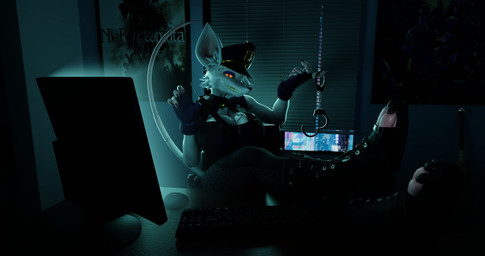 anthro big_breasts breasts cleavage clothed clothing computer cuff_(restraint) electronics eyelashes eyeshadow female freckled_face freckles fur furniture hair handcuffs inside legs_on_furniture legs_on_table long_eyelashes looking_at_viewer makeup metal_cuffs police police_hat police_uniform purple_eyeshadow rat_tail restraints solo table tail uniform white_body white_fur white_hair vllrukkin warfaremachine_(modeler) officer_flint_(foresttherotten) warfare_flint mammal murid murine rat rodent 256:135 3d_(artwork) blender_(artwork) digital_media_(artwork) english_description hi_res
