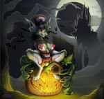 4_toes anthro anthrofied bat breasts canid canine castle claws cleavage clothed clothing collaboration dead_tree detailed_background feet female food frilly frilly_clothing fruit fur gabi_(zero_zivan) generation_3_pokemon halloween hand_on_knee hand_on_leg headgear hi_res holidays jack-o'-lantern legwear mammal mightyena misericorde moon nintendo nipple_outline nipples nurse_clothing nurse_uniform plant pokemon pokemon_(species) pumpkin red_eyes signature sitting smile solo spread_legs spreading stockings toes tree underwear uniform vines whimsydreams yellow_sclera