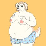 anthro areola belly biped blonde_hair blue_eyes boxer_briefs boxer_briefs_only clothed clothing eyebrows floppy_ears fur hair male moobs navel nipples obese obese_anthro obese_male orange_background overweight overweight_anthro overweight_male pattern_boxer_briefs pattern_clothing pattern_underwear pink_areola pink_nipples pink_tongue scut_tail short_tail simple_background solo standing tail tongue tongue_out topless underwear underwear_only white_body white_fur anutka canid canine canis domestic_dog mammal 1:1 2022 digital_media_(artwork) hi_res