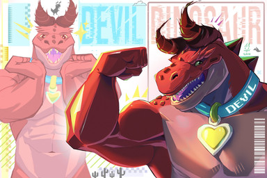 anthro anthrofied biceps collar flexing horn looking_at_viewer male muscular muscular_anthro muscular_male navel pecs sharp_teeth smile solo teeth tukeso1 marvel marvel_rivals moon_girl_and_devil_dinosaur devil_dinosaur_(moon_girl_and_devil_dinosaur) dinosaur prehistoric_species reptile scalie hi_res