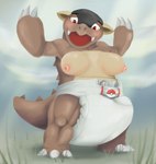 anthro big_breasts blush blush_lines breasts claws clean_diaper clothed clothing diaper female grass_field looking_at_viewer muscular open_mouth raised_arms red_eyes simple_background solo spiked_tail spikes spikes_(anatomy) tail topless wearing_diaper mtmcats nintendo pokemon generation_1_pokemon kangaskhan pokemon_(species) absurd_res hi_res