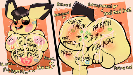 ahegao anthro areola balls belly big_belly big_butt big_moobs bodily_fluids body_writing butt cum cum_in_ass cum_inside cum_on_balls cum_on_feet feet fucked_silly genital_fluids genitals heart_eyes heart_symbol huge_belly huge_butt huge_thighs impregnation kiss_mark lactating leaking_cum lipstick lipstick_on_balls lipstick_on_face looking_pleasured makeup male male_impregnation male_lactation markings moobs nipples open_mouth overweight overweight_anthro overweight_male pregnant pregnant_male public_use stuck tattoo text thick_thighs through_wall womb_tattoo softestpuffss nintendo pokemon generation_2_pokemon pichu pokemon_(species) 16:9 english_text hi_res widescreen