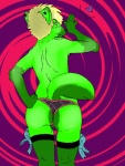 anthro biped blonde_hair butt clothing female fishnet_clothing fur green_body green_eyes green_fur hair heart_symbol looking_at_viewer looking_back pose ribbons short_hair smile solo standing tail thong underwear romnio canid canine fox lagomorph mammal evergreen_(disambiguation) 2011