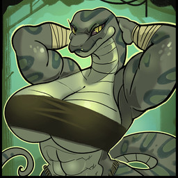 abs anthro arm_wraps armwear bandage biceps big_breasts boxing_bandage bra breasts clothing eyelashes female female_anthro fighter_bandage green_body grey_body hands_behind_head markings muscular muscular_anthro muscular_female non-mammal_breasts pupils scales slit_pupils solo spots spotted_body spotted_scales tail underwear ventral_scales wide_hips wraps yellow_eyes mister_feelgood anaconda boa_(snake) boinae reptile scalie snake 1:1 2026 hi_res