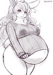 absurd_res anthro artist_name bahnbahn belly big_belly big_breasts bodily_fluids bottomless breasts clothed clothing eyebrow_through_hair eyebrows female fingers hair hi_res lactating lactating_through_clothing lagomorph leporid long_hair looking_at_viewer mammal monochrome portrait pregnant pregnant_anthro pregnant_female rabbit solo standing sweater three-quarter_portrait topwear translucent translucent_hair wet wet_clothing