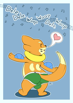 3_fingers 3_toes anthro arm_fin black_markings black_nose blue_background bulge bulge_from_behind clothing cute_fangs dipstick_tail eyes_closed facial_markings fangs feet fin fingerless_gloves fingers forked_tail furgonomics gloves green_clothing green_underwear handwear head_markings heart_symbol male markings music musical_note musical_symbol open_mouth orange_body outline simple_background solo speech_bubble standing symbol tail tail_markings tan_body tan_tail_tip teeth toes underwear unusual_anatomy unusual_tail white_outline zriartz nintendo pokemon buizel generation_4_pokemon pokemon_(species) 2022 hi_res signature