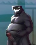 abstract_background absurd_res anthro aroused belly_grab big_penis black_body black_fur butt colored erection featureless_chest foreskin fur genitals geometry_dash half-closed_eyes hi_res male monster musclegut muscular narrowed_eyes overweight penis retracted_foreskin robtopgames shaded sharp_teeth slightly_chubby smile solo teeth teewhup watermark