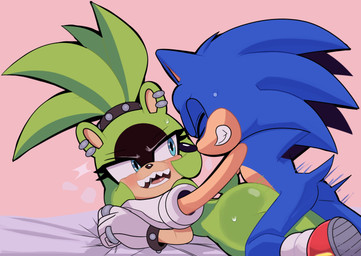 accessory anthro bed blush bodily_fluids bracelet butt countershade_face countershading duo female furniture hair hair_accessory hair_tie jewelry male nude sex studded_bracelet studded_hair_tie studded_jewelry studs sweat sweatdrop tied_hair blue_archer_(artist) idw_publishing sega sonic_the_hedgehog_(comics) sonic_the_hedgehog_(idw) sonic_the_hedgehog_(series) sonic_the_hedgehog surge_the_tenrec afrosoricid eulipotyphlan hedgehog mammal tenrec