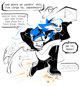 anthro black_nose blue_body blue_fur boots carrying_another clothing dialogue duo female footwear fur high_heeled_boots high_heels machine male package shoes text the-hydroxian kaita_(the-hydroxian) android canid canine canis human mammal robot wolf 2023 absurd_res digital_media_(artwork) english_text hi_res restricted_palette