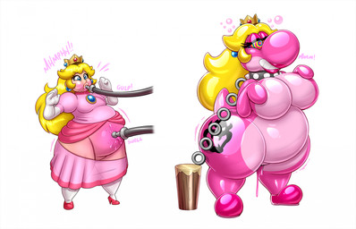 anthro before_and_after belly belly_expansion big_breasts blonde_hair blue_eyes boots breast_expansion breasts clothing collar crown dress expansion featureless_breasts female footwear glistening glistening_body gloves hair handwear headgear hose hose_inflation human_to_anthro human_to_inanimate inflatable inflation mind_control oral oral_penetration penetration pink_body pink_clothing pink_dress ringed_eyes shoes simple_background smile solo species_transformation surprised thigh_expansion transformation white_clothing white_gloves white_handwear redflare500 mario_bros nintendo princess_peach animate_inanimate birdo human living_inflatable mammal digital_media_(artwork) hi_res