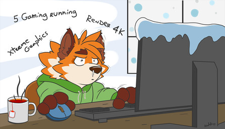 4_fingers anthro beverage biped black_text brown_body brown_eyebrows brown_fur brown_nose chair cheek_tuft clothed clothing cold computer computer_mouse container countershade_torso countershading cup detailed_background electronics eyebrows facial_tuft fingers front_view fur furniture green_clothing green_hoodie green_topwear head_tuft hoodie inside keyboard looking_away male monitor motion_lines neck_tuft number orange_body orange_fur screen sitting snow snowing solo tan_body tan_countershading tan_fur tea text three-quarter_view toony topwear tuft window winter kaohto kaohto_(character) bear canid canine fox hybrid mammal 2017 dated digital_drawing_(artwork) digital_media_(artwork) english_text hi_res signature