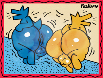 anthro anus balls big_butt blue_balls blue_body blue_ears butt butt_focus duo genitals glistening glistening_butt hand_on_butt male musk open_mouth puffy_anus rear_view shortstack shortstack_male thick_thighs yellow_balls yellow_body yellow_ears pelnsfw keith_haring 2025 digital_drawing_(artwork) digital_media_(artwork) hi_res signature