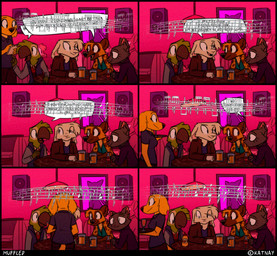 alcohol anthro bar beer beverage beverage_bottle bottle clothing container cup dialogue female furniture glass glass_container glass_cup group hoodie jacket loud_background_music male music soda soda_bottle speaker speech_bubble sweater table text topwear turtleneck uniform waiter katnay amber_(katnay) davo_(katnay) diana_machado lil_chatcendre tony_(katnay) avian bird bird_dog canid canine canis domestic_cat domestic_dog felid feline felis golden_retriever hunting_dog hyena lagomorph leporid mammal parrot rabbit retriever comic hi_res