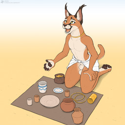4_toes 5_fingers animal_genitalia anthro balls black_ears black_eyebrows black_markings black_nose black_pawpads black_tuft bowl brown_inner_ear casual_exposure coin coin_purse container countershade_face countershade_feet countershade_fur countershade_hands countershade_neck countershade_tail countershade_torso countershading cup cute_fangs desert ear_tuft eyebrows facial_markings fangs feet fingerpads fingers fully_sheathed fur genitals gold_(metal) gold_jewelry gold_necklace gradient_background head_markings hindpaw humanoid_hands inner_ear_fluff jewelry kneeling looking_up male male_anthro markings mostly_nude mostly_nude_anthro mostly_nude_male multicolored_body multicolored_fur necklace open_mouth open_smile pawpads paws plate pottery pupils sheath simple_background smile solo tail tan_body tan_fur teeth three-quarter_view toes tongue tuft whisker_markings white_background white_balls white_body white_countershading white_fur white_inner_ear_fluff white_sclera white_sheath white_tuft yellow_background yellow_eyes jishinu caracal caracal_(genus) felid feline mammal 1:1 2025 english_description full-length_portrait hi_res portrait