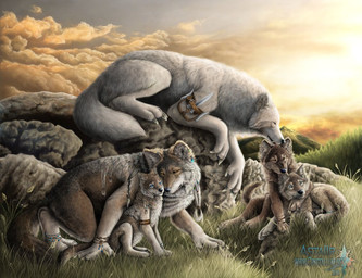 ambiguous_gender bite blue_eyes cloud cuddling detailed_background digitigrade eye_contact feathers feral fur group jewelry kissing licking looking_at_another outside quadruped rock semi-anthro sky sunset tail tongue tongue_out weapon white_body white_fur yellow_eyes young young_feral astaiir mythology werewolf_calendar canid canine canis mammal mythological_canine mythological_creature werecanid werecanine werecreature werewolf wolf