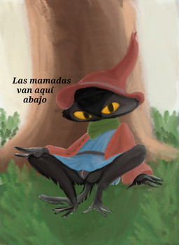 anthro black_body black_fur bottomwear clothing female front_vulva fur genitals grass hat headgear headwear looking_at_viewer plant scarf sitting skirt solo sweater tail text topwear tree vulva yellow_eyes srjakbee numinosa_(youtube) absurd_res hi_res spanish_text
