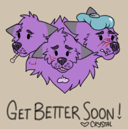3_heads ambiguous_gender bite_mark black_nose eyelashes fur get_well_soon heart_symbol icepack ill multi_head purple_body purple_fur scientific_instrument scratches simple_background solo text thermometer crystalwhisker european_mythology greek_mythology mythology canid canid_demon canine cerberus demon hellhound mammal mythological_canine mythological_creature english_text hi_res