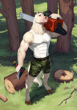 abs anthro axe chainsaw clothing forest forest_background hooves male muscular muscular_anthro muscular_male nature nature_background pecs plant power_tool shirt tank_top tools topwear tree satanic_monkey cass_(jackmeehan) equid equine horse mammal absurd_res hi_res