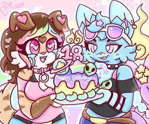 anthro blue_body blue_hair bodily_fluids brown_body brown_hair cake clothing crying dessert duo female food fur hair heart_symbol pink_eyes purple_eyes shirt star tears topwear lewdchuu pyon_(lewdchuu) canid canine canis domestic_dog mammal mustelid otter 2019 hi_res