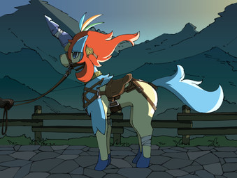 ambiguous_gender bandage blue_body blue_eyes blue_fur bridle collar crupper disembodied_hand fence feral fur grass harness holding_leash holding_object leash looking_at_another mountain plant red_body red_fur sad saddle shadow sky skyscape solo standing stone_road tail yellow_body fadingsky nintendo pokemon equid equine generation_5_pokemon horse keldeo keldeo_(resolute_form) legendary_pokemon mammal pokemon_(species) absurd_res hi_res