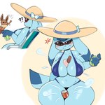 anthro beach bikini biped blue_body blush breasts clothed clothing duo eyewear female food hat headgear headwear male navel outside popsicle sunglasses swimwear thick_thighs two-piece_swimsuit wide_hips virito nintendo pokemon eevee eeveelution generation_1_pokemon generation_4_pokemon glaceon pokemon_(species) 1:1 absurd_res hi_res