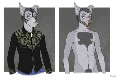 amputee anthro beard body_hair chest_hair clothed clothing deformed_face disability facial_hair facial_scar fur hair hairy male nipples nude prosthetic prosthetic_snout scar short_hair solo droptineart canid canine canis mammal