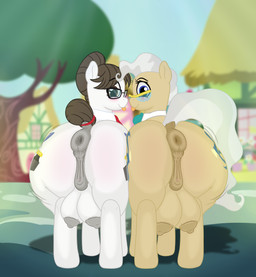 animal_genitalia animal_vulva anus areola ass_to_ass big_butt big_teats blep blue_eyes blush butt crotch_breasts detailed_background duo equine_anus equine_genitalia equine_vulva eyewear female female_feral feral genitals glasses grey_areola grey_hair grey_nipples hair hair_bun huge_butt looking_at_viewer looking_back mature_female nipples outside puffy_anus quadruped rear_view tail tail_aside tan_areola tan_body tan_nipples teats tongue tongue_out vulva wearing_glasses white_body cogsfixmore friendship_is_magic hasbro my_little_pony mayor_mare_(mlp) raven_inkwell_(mlp) equid equine horse mammal pony absurd_res hi_res