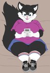 anthro belly big_breasts black_body black_fur blue_eyes bottomwear breasts clothing denim denim_bottomwear denim_clothing denim_shorts eyewear female fluffy fluffy_tail footwear fur gaming glasses holding_object open_mouth overweight overweight_female pink_nose playing_video_game shirt shoes shorts smile sneakers solo t-shirt tail teeth thick_thighs topwear white_body white_fur kingjion game_boy game_boy_family nintendo dani_harper domestic_cat felid feline felis mammal tuxedo_cat hi_res