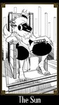 anthro boriscomicsart card card_template chair crown cybernetics erection fortune_telling fur furniture genitals headgear machine major_arcana male nude penis pillar sitting smile solo tarot tarot_card text throne white_body white_fur sunny_(primagen) mammal primagen 9:16 digital_media_(artwork) english_text hi_res monochrome