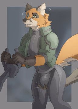 anthro big_bulge biped black_body black_fur bulge bulge_grab clothing exclamation_point fur gloves green_eyes handwear jacket male multicolored_body multicolored_fur orange_body orange_fur simple_background solo surprised tail tight_clothing topwear white_body white_fur idrysse3 canid canine fox mammal 2022 digital_media_(artwork) hi_res