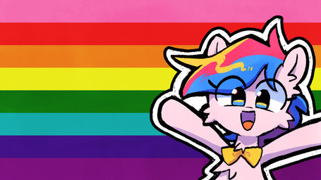1978_rainbow_pride_colors ambiguous_feral ambiguous_gender bow_tie feral front_view fur hair lgbt_pride looking_at_viewer multicolored_hair open_mouth open_smile pink_body pink_fur pride_color_background pride_colors raised_arms simple_background smile solo spread_arms toony yellow_bow_tie young young_ambiguous young_feral sheep-kinta fluffy_pony fluffy_pony_(species) mammal 16:9 2021 digital_media_(artwork) hi_res widescreen