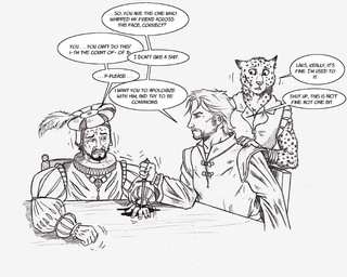5_fingers angry anthro beard blood blood_on_hand bodily_fluids chair clothed clothing dagger dialogue facial_hair fingers fur furniture group hand_on_shoulder hat hat_feather headgear headwear holding_dagger holding_melee_weapon holding_object holding_weapon looking_aside looking_at_another looking_down looking_down_at_partner looking_forward loose_feather male markings melee_weapon motion_lines mustache ruff_(clothing) scar scared shaking shirt simple_background sitting speech_bubble spots spotted_body spotted_fur stab standing sweat table text topwear trio vest weapon white_background wraps wrist_wraps 0laffson enorach_(0laffson) lars_(0laffson) cheetah felid feline human mammal 2017 english_text greyscale monochrome traditional_media_(artwork)