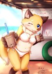 4_fingers anthro beach beverage bikini blue_eyes blush breasts brown_body brown_fur brown_nose bubble_tea cleavage clothed clothing cloud day dipstick_tail drinking drinking_straw female female_anthro fingers fluffy fur gloves_(marking) holding_beverage holding_object inner_ear_fluff kemono leg_markings markings multicolored_body multicolored_fur multicolored_tail navel neck_tuft offering_beverage offering_to_viewer one_eye_closed outside sea seaside sky socks_(marking) solo store swimwear tail tail_markings tan_body tan_fur text tuft two-piece_swimsuit water wink yellow_body yellow_fur sakamoto_aoi canid canine fox mammal 2019 absurd_res dated digital_media_(artwork) hi_res japanese_text portrait signature three-quarter_portrait translated