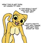 anthro black_eyes breaking_the_fourth_wall breasts female fur humor mocking nipples simple_background solo text white_background yellow_body yellow_fur yellow_sclera filthypally microsoft prequel_adventure the_elder_scrolls katia_managan felid khajiit mammal 2021 english_text low_res