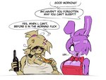 alcohol anthro beer beverage big_breasts bottle breasts buckteeth clothing container crossgender dialogue duo female food holding_bottle holding_container holding_object machine pizza profanity speech_bubble teeth text tired tired_eyes stormkinght five_nights_at_freddy's fredina's_nightclub scottgames bonfie_(cryptiacurves) bonnie_(fnaf) chica_(fnaf) chiku_(cryptiacurves) animatronic avian bird chicken galliform gallus_(genus) lagomorph leporid mammal phasianid rabbit robot 4:3 english_text hi_res