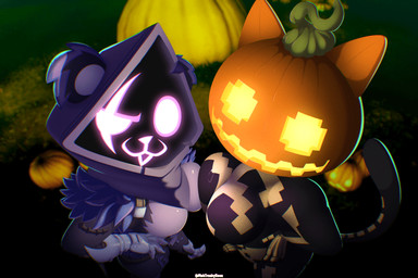 5_fingers armor belly belt belt_buckle big_breasts big_butt black_body black_tail boots breast_size_difference breast_squish breasts buckle butt clothing costume dirt dreamworks_smirk duo ears_up feathers female female/female field fingers fluffy_ears fluffy_hips fluffy_legs fluffy_shoulders fluffy_thighs food footwear for_a_head foreshortening fruit fur gauntlets gloves glowing glowing_eyes glowing_face golden_markings grass grass_field halloween_costume hand_wraps hands_on_hips handwear headgear headwear high-angle_view holidays hood hood_up hoodie jack-o'-lantern legwear looking_at_viewer markings metal_boots multicolored_body multicolored_feathers night outdoor_background outside plant pumpkin pumpkin_head purple_body purple_eyes purple_feathers purple_fur raised_tail rim_light seam_(sewing) shoes smile sparkles sparkling_clothing squish stem stitch_(sewing) straps tail tail_markings tight_clothing topwear wraps mehtrashycoon epic_games fortnite halloween raven_team_leader spice_(fortnite) bear felid feline hybrid mammal object_head 3:2 hi_res