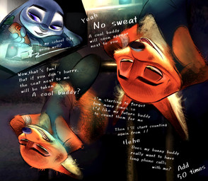 anthro brown_body brown_fur carrot_pen clothed clothing dialogue duo exercise female fur green_eyes long_ears male male/female multicolored_body multicolored_fur open_mouth orange_body orange_fur purple_eyes shirt tan_body tan_fur tank_top teeth text topwear nibkman0304 disney zootopia judy_hopps nick_wilde canid canine european_rabbit fox lagomorph leporid mammal oryctolagus rabbit red_fox true_fox 2026 english_text hi_res