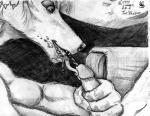 1999 animal_genitalia anthro aroused balls black_and_white canid canine duo ear_piercing eyebrow_piercing facial_piercing fox genitals graphite_(artwork) humanoid_genitalia humanoid_penis male male/male mammal monochrome nude oral penis piercing sheath traditional_media_(artwork) turkhasein