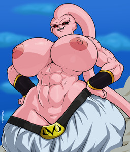 abs areola big_breasts biped black_sclera breasts clothed clothing crossgender female mtf_crossgender nipples not_furry pink_body pupils red_eyes smile solo topless wide_hips methados dragon_ball majin_buu humanoid majin absurd_res hi_res