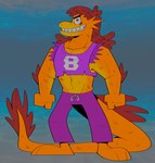 alternate_species anthro arm_fins bangs barefoot bottomwear clothing crop_top feet fin fin_hair jersey male midriff mullet muscular muscular_anthro muscular_male orange_body orange_scales pants pseudo_hair red_eyes scales sharp_teeth shirt snout solo sweatpants tail tail_fin teeth tight_clothing toothy_grin topwear torn_clothing torn_shirt torn_topwear futurama_(artist) disney fish_hooks luca_(pixar) pixar jocktopus marine sea_monster absurd_res crossover hi_res