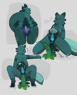 anthro blue_body blue_eyes bodily_fluids breath bubble_fruit butt cum cum_in_food cum_inside dildo dildo_sitting ejaculation food food_fetish genital_fluids genitals heart_symbol herm improvised_dildo improvised_sex_toy intersex looking_back looking_pleasured masturbation multicolored_body penetration penile penile_masturbation penis plant presenting presenting_hindquarters sex_toy simple_background slit_play solo spread_legs spreading tail tapering_penis thick_tail cocofish rain_world videocult vex_(vividumbra) slugcat absurd_res hi_res