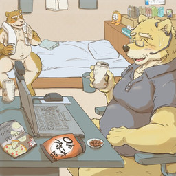 anthro bed belly bodily_fluids brown_body brown_fur clothing computer convenient_censorship detailed_background duo electronics eyes_closed fur furniture inside kemono male moobs overweight overweight_male pillow shirt sitting sweat topwear towel ojijinotete canid canine canis domestic_dog mammal 1:1 2020