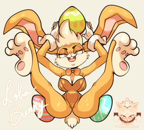 anthro big_breasts big_ears blue_eyes bow_tie breasts brown_clothing brown_leotard buckteeth bunny_costume cheek_tuft cleavage clothed clothing costume cuffs_(clothing) easter_egg eyelashes facial_tuft female front_view fur gloves handwear head_tuft holidays leotard long_ears open_mouth open_smile orange_body orange_bow_tie orange_fur pawpads pink_nose smile solo spread_legs spreading tan_body tan_fur teeth thick_thighs tuft white_clothing white_gloves white_handwear wide_hips cosmicpussycat easter looney_tunes warner_brothers lola_bunny lagomorph leporid mammal rabbit absurd_res hi_res