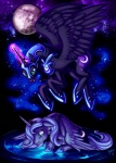 armor blue_hair bodily_fluids crown crying cutie_mark duo feathered_wings feathers female feral hair headgear horn long_hair mare_in_the_moon moon night outside quadruped simple_background star tail tears water wings heilos friendship_is_magic hasbro my_little_pony mythology nightmare_moon_(mlp) princess_luna_(mlp) equid equine mammal mythological_creature mythological_equine winged_unicorn cool_colors