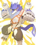 anthro armor blue_body blue_fur championship_belt eyewear eyewear_on_head fur jet_pack male scar solo sunglasses sunglasses_on_head yellow_eyes harutorafd bandai_namco digimon canid canine digimon_(species) machgaogamon mammal absurd_res hi_res